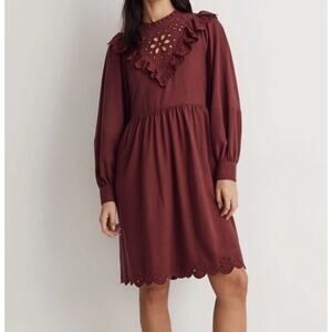 Madewell Medium Embroidered Ruffled Flannel Mini Dress Women's Burgundy Red